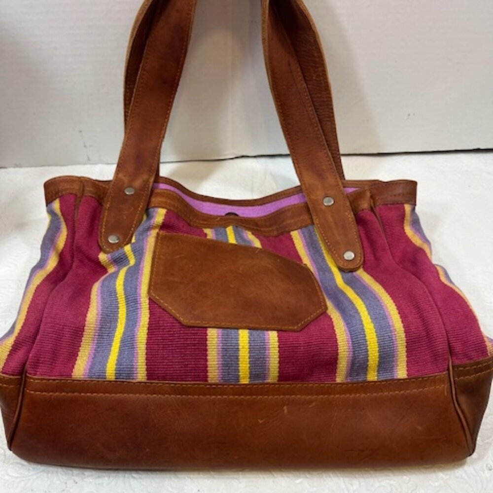 VTG Brown Leather & Striped Tapestry Handbag Snap Closure 11"x4"x10.5"